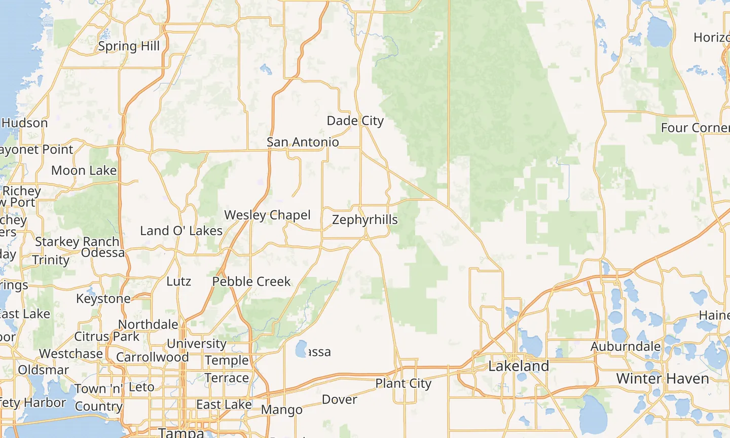 Map of Maloo Painting's service area across the greater Tampa Bay region, centered on Zephyrhills, Florida